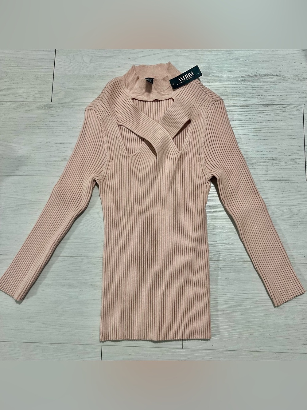 White House Black Market Blush Pink Ribbed Cutout Mock Neck Sweater Size S-New